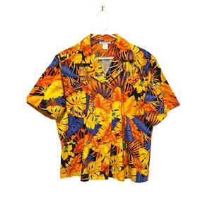 Susan Barry Vintage Tropical Button Down Shirt Short Sleeve Yellow Blue Large